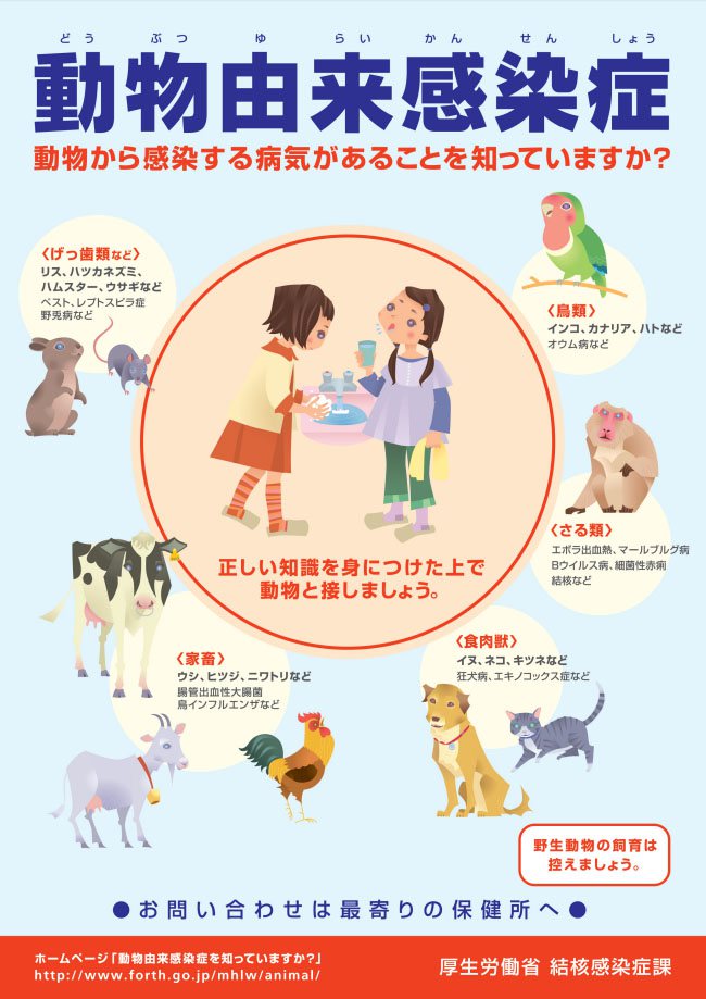 인수공통감염병(가장 큰 글자)<br />동물로부터 감염되는 병이 있다는 사실, 알고 있나요? <br />후생노동성 제작 인수공통감염병(가장 큰 글자)<br />동물로부터 감염되는 병이 있다는 사실, 알고 있나요? <br />후생노동성 제작
