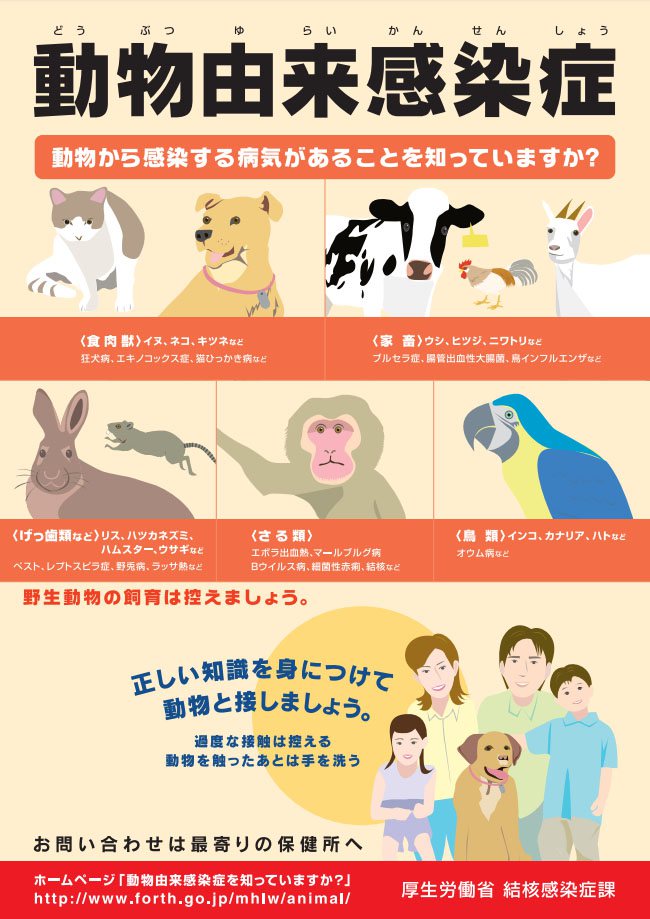 인수공통감염병(가장 큰 글자)<br />동물로부터 감염되는 병이 있다는 사실, 알고 있나요? <br />후생노동성 제작 인수공통감염병(가장 큰 글자)<br />동물로부터 감염되는 병이 있다는 사실, 알고 있나요? <br />후생노동성 제작