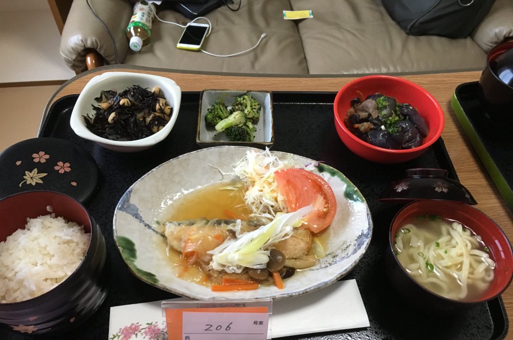 버섯 소스를 곁들인 연어, 메밀국수, 쌀밥, 가지와 소고기, 브로콜리, 히지키 버섯 소스를 곁들인 연어, 메밀국수, 쌀밥, 가지와 소고기, 브로콜리, 히지키